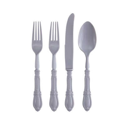 Silver Spoons Antique Disposable Flatware Set, Includes 48 Forks, 24 Spoons and 24 Knives, Vintage Collection - Grey