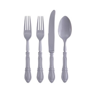 Silver Spoons Antique Disposable Flatware Set, Includes 48 Forks, 24 Spoons and 24 Knives, Vintage Collection - Grey - 1 of 2