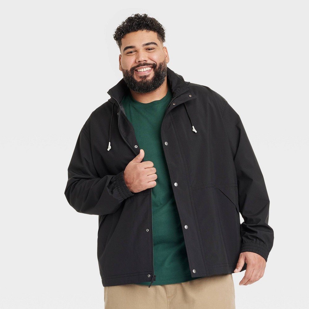 Men's Big & Tall Hooded Rain Coat - Goodfellow & Co™ Black LT: Wind-Resistant, Lightweight, Ripstop Fabric, Elastic Cuffs