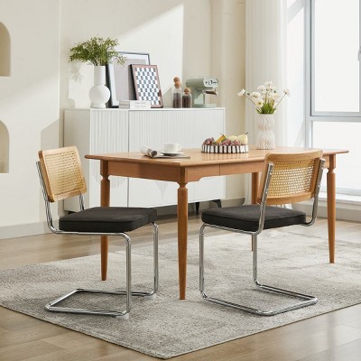 Mid Century Modern Dining Chair Set of 2 with Linen Seat,Rattan Back and Cantilever Chrome Base for Dining Room-Baofuwish