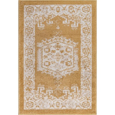Gold and Beige Rectangular Stain-Resistant Synthetic Rug