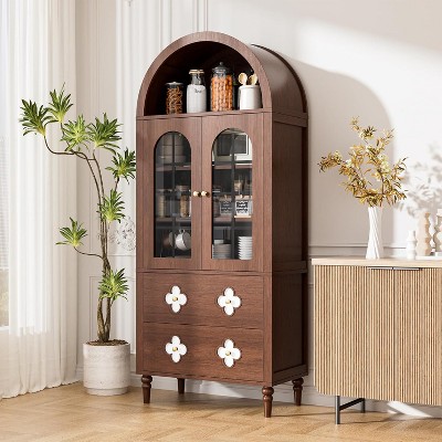 Docred Arched cabinet Bookshelf Bookcase Storage with Tempered Glass Doors Versatile Kitchen Cabinets,71'' Tall Food Pantry for Living Dining Room