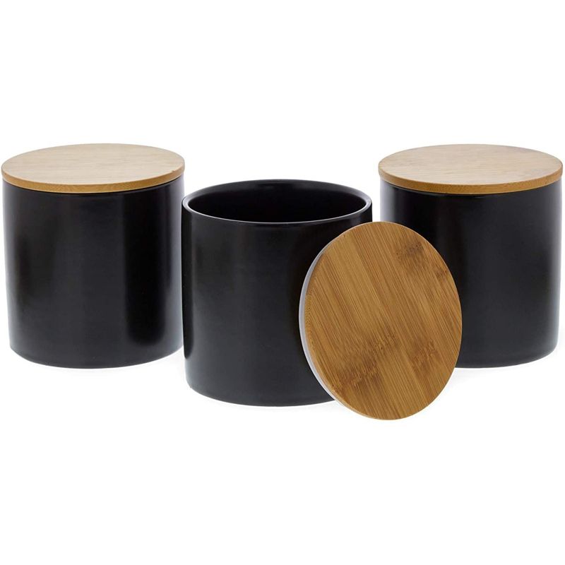 Juvale 3 Pack Ceramic Kitchen Canisters with Bamboo Lids for Countertop, Pantry Organization & Storage, Black, 4 x 4.13 in, 5 of 10