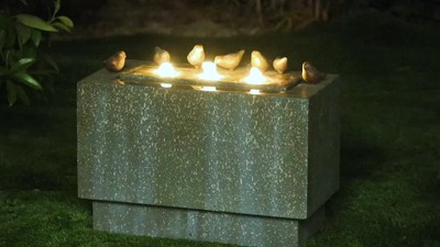 Gray and Green Resin Rectangular Outdoor Fountain with Bronze Birds