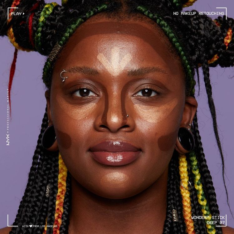 A person with contour and highlight makeup applied to their face, showing different shades for sculpting and enhancing features, with text reading "NO MAKEUP RETOUCHING" and "WONDER STICK DEEP 07."