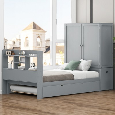 TIRAMISUBEST Twin Size Platform Bed with Storage Headboard and Footboard, Pull Out Shelves and Twin Size Trundle, Wooden Bed Frame with Small Wardrobe