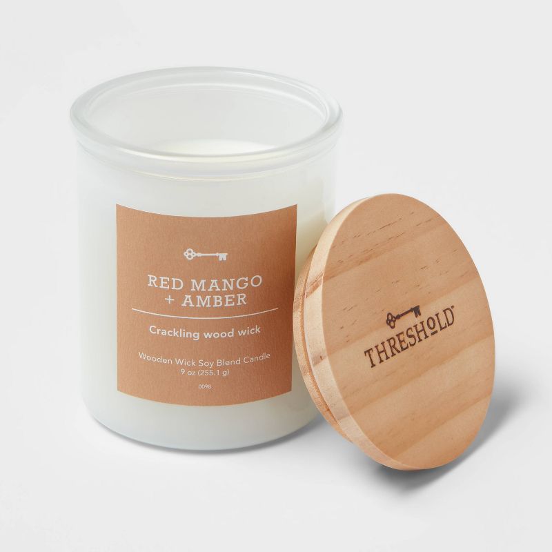 Milky White Glass Red Mango and Amber Lidded Wooden Wick Jar Candle 9oz - Threshold&#8482;, 3 of 4