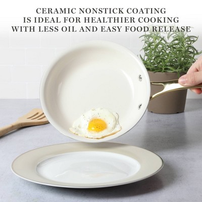 Linen White 10-Piece Nonstick Enamel Aluminum Cookware Set with Gold Handles