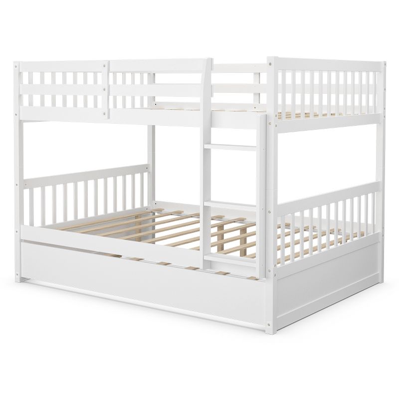 Costway Full over Full Bunk Bed Platform Wood Bed w/ Trundle & Ladder Rail Brown/White, 1 of 11