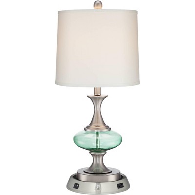 360 Lighting Modern Accent Table Lamp with Dimmable USB and AC Power Outlet Workstation Base Blue Green Glass Nickel for Bedroom