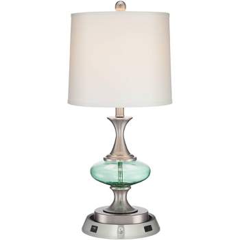360 Lighting Reiner Modern Accent Table Lamp 23" High Blue Green Glass Nickel with USB and AC Power Outlet in Base Off White Drum Shade for Home Desk