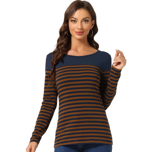 Inspire Chic Women's Color Block Round Neck Long Sleeves Striped Basic ...