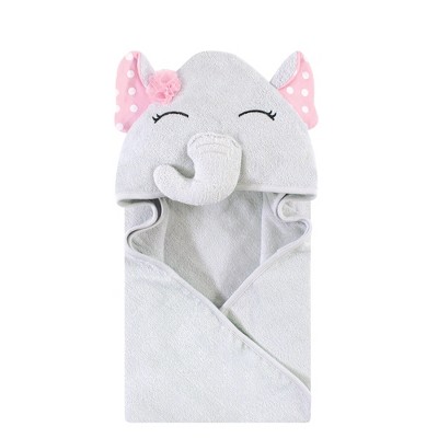 Hudson Baby Infant Girl Cotton Rich Animal Face Hooded Towel, White Dots Pretty Elephant, One Size