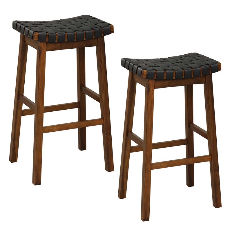 Costway Woven Saddle Stools Set of 2 Faux PU Leather Counter Height Kitchen Stool, 1 of 9