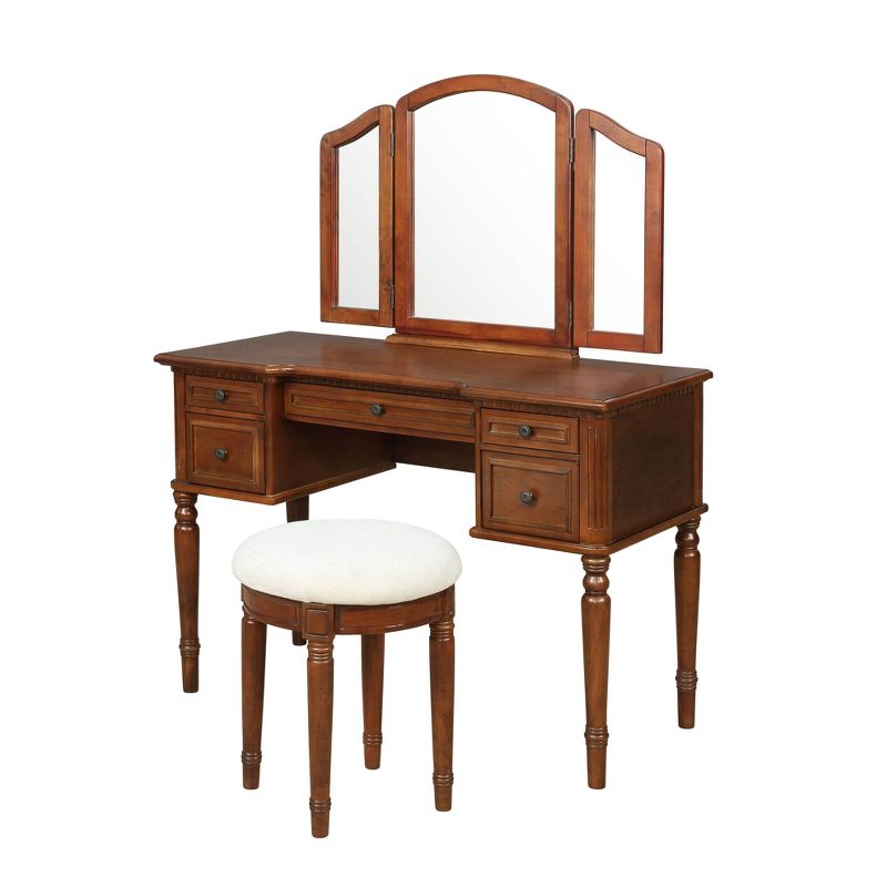 Zelda Traditional Wood Tri-fold Mirror 5 Drawer Vanity Mirror and Bench Warm Cherry - Powell, 1 of 12