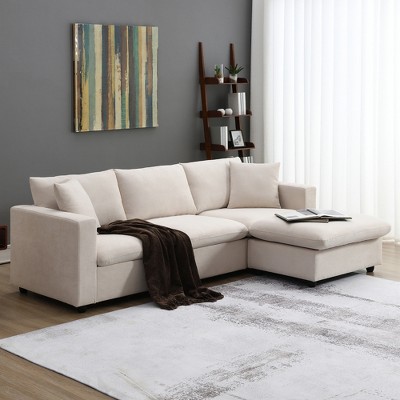 SKRAN Modern Sectional Sofa，101*66"L-shapedwith Polyester Fabric Couch Set Movable Ottoman for Living Room, Apartment(Beige)