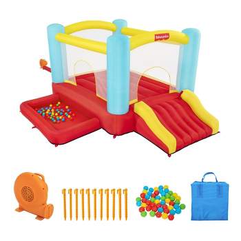 Bestway Fisher Price Bouncemania Inflatable Mega Bouncer with 50 Piece Play Balls, 11 Bounce Stakes, Storage Bag, Blower, and Repair Kit, Multicolor