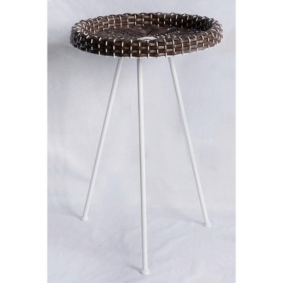 Round Brown and White Wicker End Table with Metal Legs