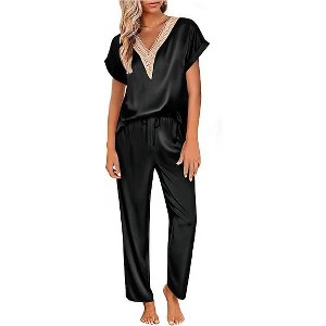 Ekouaer Silk Pajamas Set Womens Lace V Neck Loungewear Short Sleeve Satin Shirt with Long Pant Silky Pjs - 1 of 4