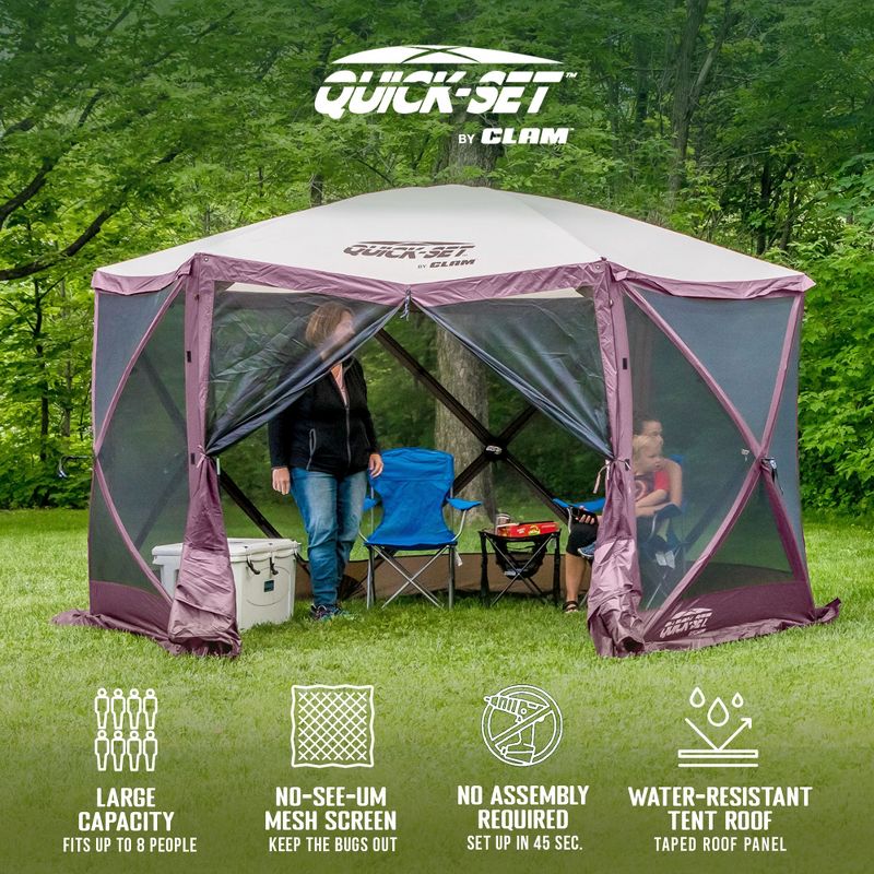 CLAM Quick-Set Escape 11.5 x 11.5 Foot Portable Pop-Up Outdoor Camping Gazebo Screen Tent 6-Sided Canopy Shelter with Stakes & Carry Bag, Plum, 2 of 7