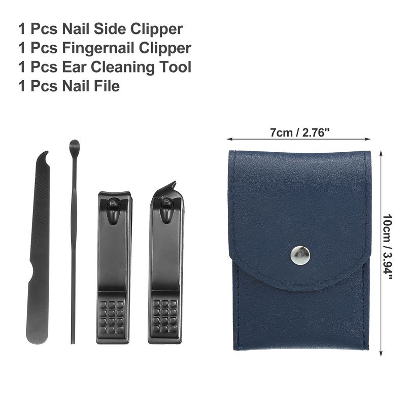 Unique Bargains Stainless Steel Pedicure Nail Clippers Scissors Tool Set for Men Women Black with Blue PU Leather 4 Pcs, 2 of 4