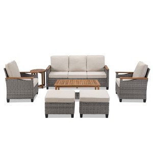 Buenhomino 7-Piece Outdoor Patio Set – 2 Single Chairs, 2 Ottomans, Sofa, Coffee & Side Table, All-Weather Wicker with Cushions, Beige - 1 of 4