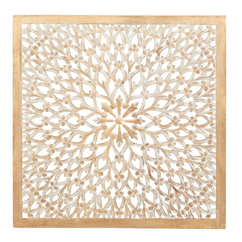 Wood Floral Handmade Intricately Carved Wall Decor with Mandala Design Light Brown - Olivia & May, 1 of 18