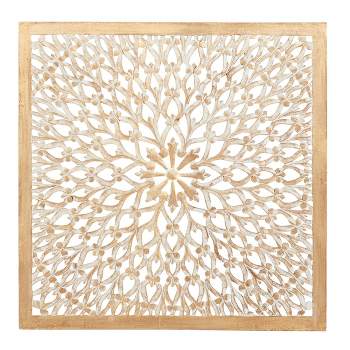 Wood Floral Handmade Intricately Carved Wall Decor with Mandala Design Light Brown - Olivia & May