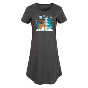 Women's - Instant Message - Scandinavian Winter Deer Graphic T-shirt Dress - 1 of 4