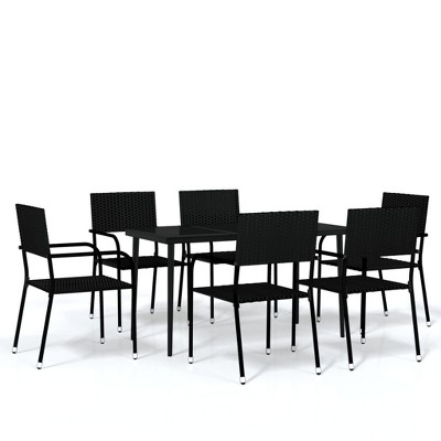 vidaXL Garden Dining Set Black PE Rattan, Powder-Coated Steel, Glass - 55.1" Table Length Black 6