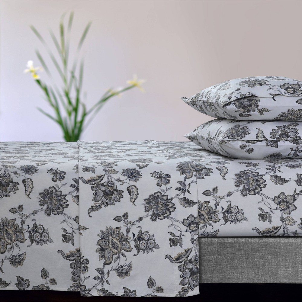 Photos - Bed Linen Full 170 GSM Extra Deep Pocket Flannel Sheet Set Ayana Floral Gray - Tribeca Living: 100 Cotton, Includes 4pc