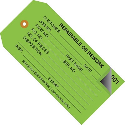 Box Partners Inspection Tags 2 Part Numbered 001-499 "Repairable or Rework" 4 3/4" x 2 3/8" G G21031