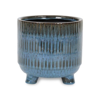 Cheung's Victrola Raised Round Tri-Band Lined Pattern Ceramic Pot- Large - Blue