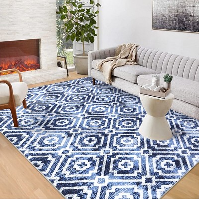 Boho Area Rugs Washable Rug Moroccan Rug Modern Geometric Traditional Rug, 5' x 7' Blue