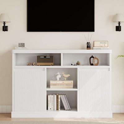 Modern Buffet Cabinet with Storage, Fluted Sideboard Cabinet with 2 Doors, White Accent Coffee Bar Cabinet with Adjustable Shelves for Kitchen Room