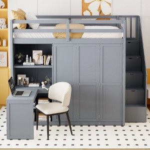 TiramisuBest Full Size Loft Bed with Wardrobe,Desk and Shelves,White - 1 of 4