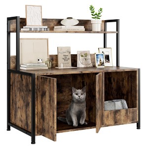 Cat Litter Box Enclosure w/Shelves Storage, 2-in-1 Hidden Litter Box w/ Doors, Indoor Litter Box Furniture, Cat Wooden Washroom Furniture - 1 of 4