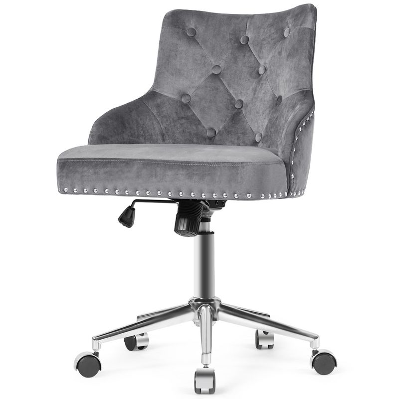 Costway Velvet Office Chair Tufted Upholstered Swivel Computer Desk Chair w/ Nailed Trim, 1 of 11