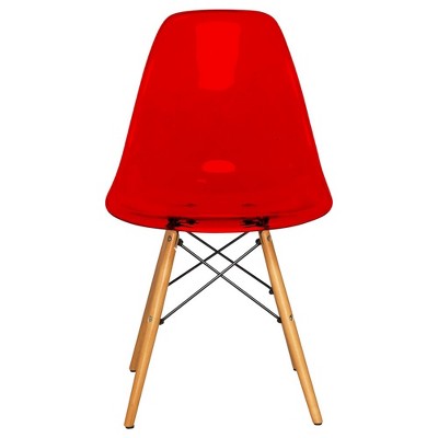 Transparent Red Molded Plastic Side Chair with Wooden Legs