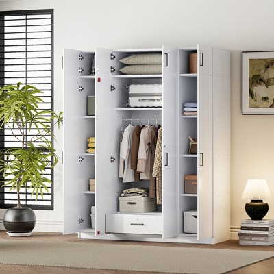 TIRAMISUBEST 4-Door Wardrobe with 1 Storage Drawer and Top Cabinet, Bedroom Closet Armoire with Storage Shelves