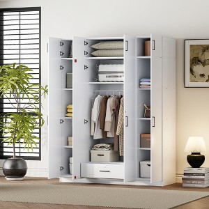 TIRAMISUBEST 4-Door Wardrobe with 1 Storage Drawer and Top Cabinet, Bedroom Closet Armoire with Storage Shelves - 1 of 4