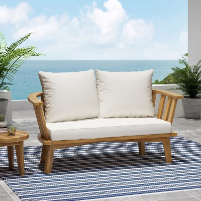 FIONECA Outdoor Acacia Wood Loveseat with Cushions ¨C White/Teak, 55.5" Wide