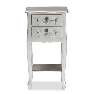 Eliya Silver Brushed Wood 2-Drawer Accent Table with Carved Details