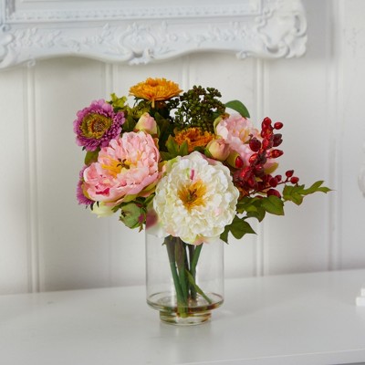 Elegant Mixed Peony Silk Arrangement in Glass Vase - 13in