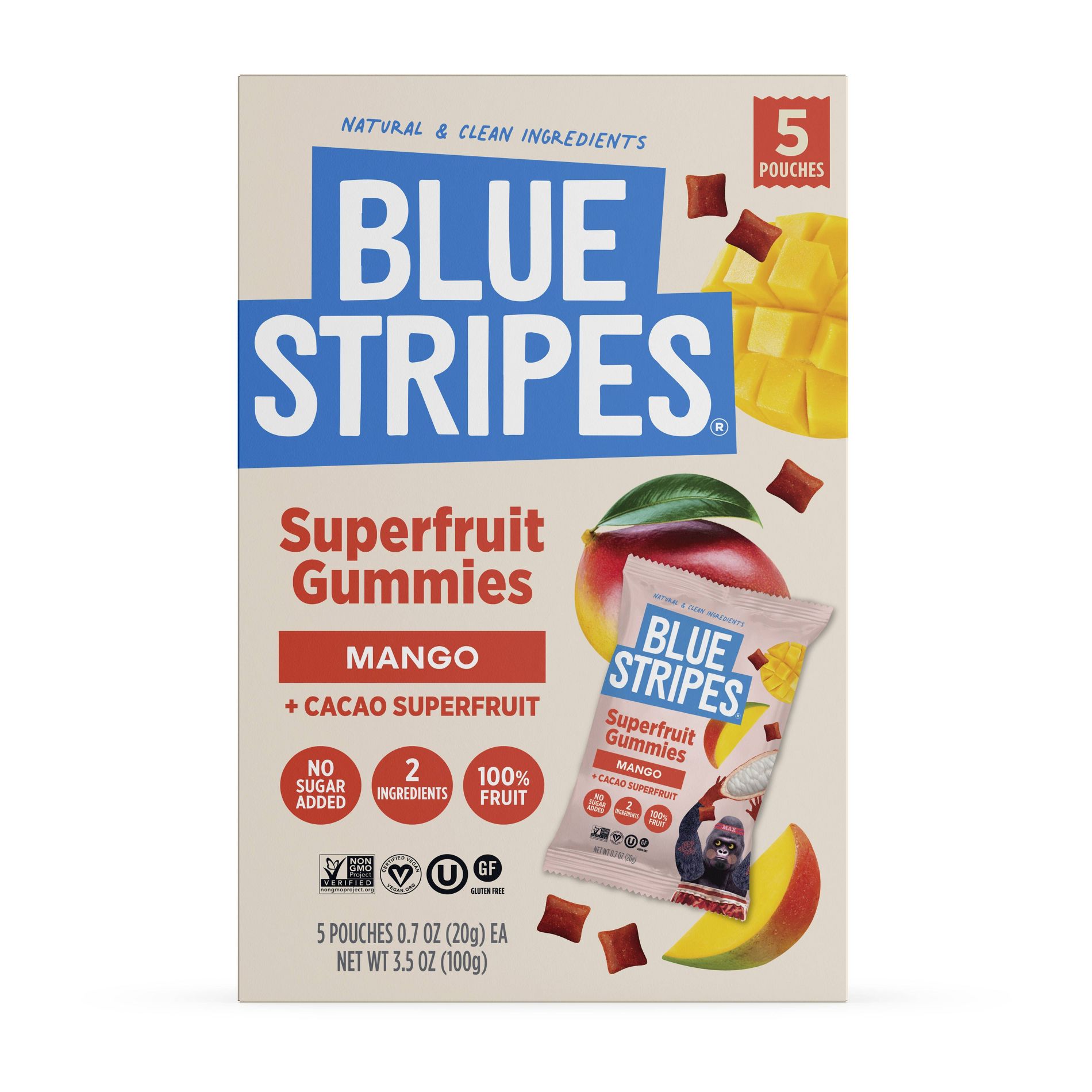 BLUE STRIPES Superfruit Gummies Mango and Cacao Fruit - 3.5oz/5pk