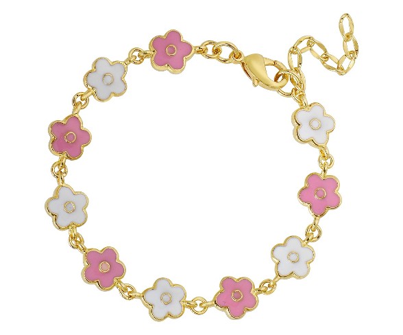 ELLEN 18k Gold Overlay Enamel Children's Flower Link Bracelet - Pink and White