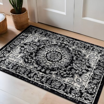 Black and Gray Synthetic Traditional Medallion Area Rug 2' x 3'