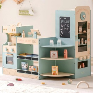 ROBOTIME Play Food And Toy Kitchens Kid Grocery Store Playset, Wooden Pretend Play Supermarket with Food Prep Machine Toy, Blue, 24"*35.8"*33" - 1 of 4