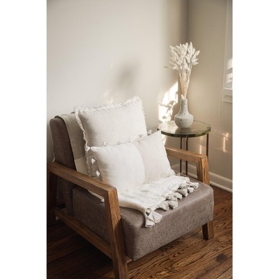 Natural Beige and White Linen Tassel Throw Pillow