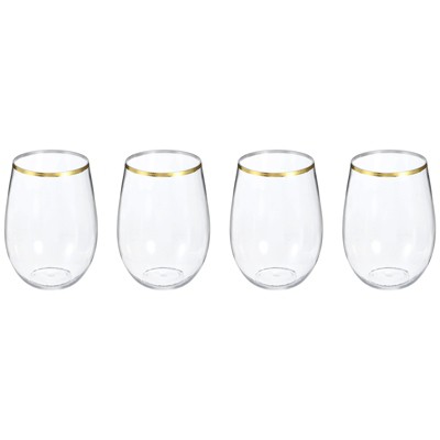 Unique Bargains PET Lightweight Stemless Gold Trim Wine Glasses 4 Pcs